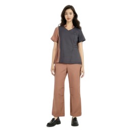 Designed women's short-sleeved waisted nurse uniform + trousers. Customized women's clothing with back collar + front V-neck. Sleeves pink + silver gray. Back collar pink, front V-position silver gray. Nursing uniform. Nurse uniform manufacturer. New Terr Designed women's short-sleeved waisted nurse uniform + trousers. Customized women's clothing with back collar + front V-neck. Sleeves pink + silver gray. Back collar pink, front V-position silver gray. Nursing uniform. Nurse uniform manufacturer. New Terr